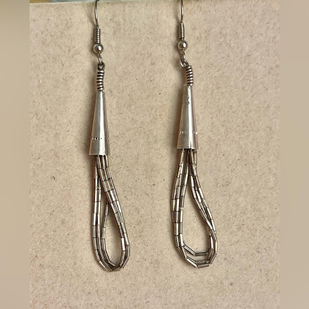 Native American Navajo Sterling Liquid Silver 3 Strand Pierced Dangle Earrings